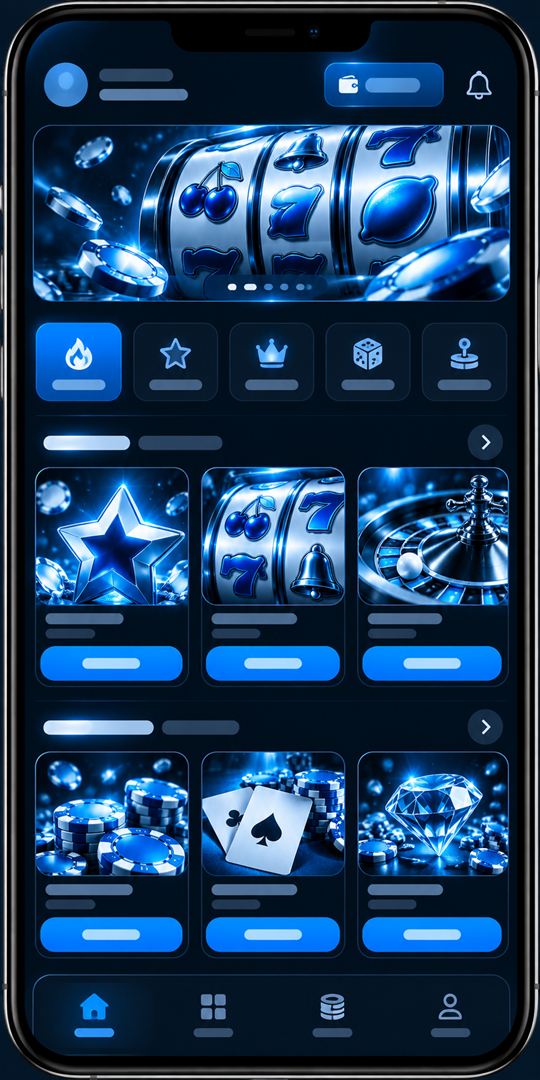 Móvil con el catálogo de un casino en pantalla, filas de juegos y botones azules sobre fondo azul marino