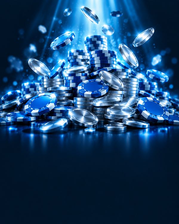 Montaña de monedas y fichas azules bajo un foco frío