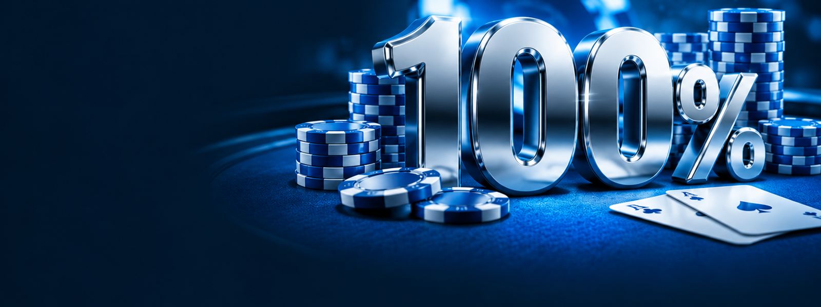 Cifra 100 % en metal plateado sobre una mesa de casino azul con pilas de fichas