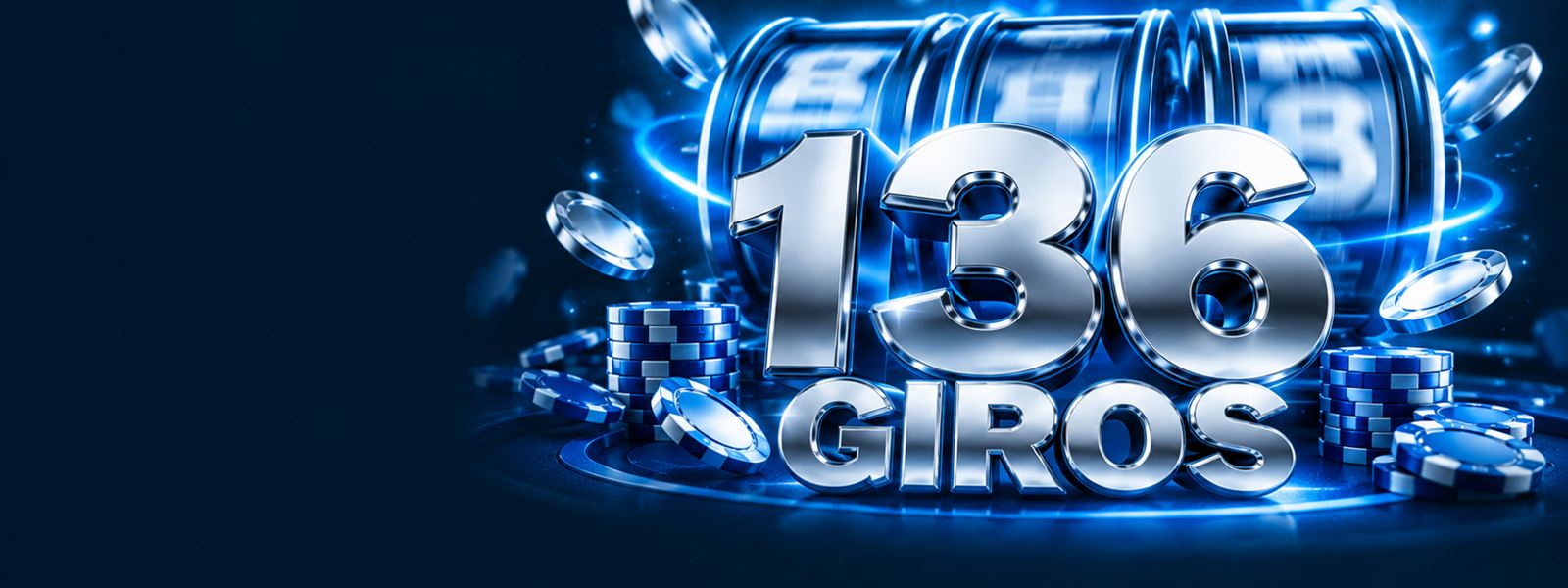 Rótulo 136 Giros en metal plateado junto a rodillos de tragaperras iluminados en azul
